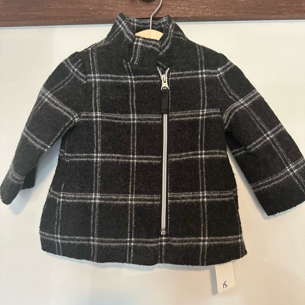 Wool winter coat. Black and white plaid. 12 mo